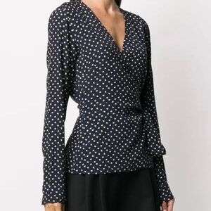 GANNI Navy Heart Print Wrap Top EU 36 | Scandi Copenhagen Blouse